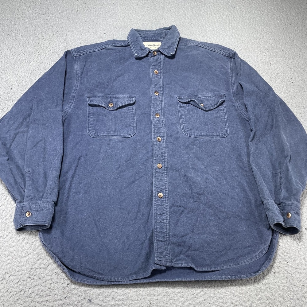 Eddie Bauer‎ Shirt Mens Large Blue Solid Flannel Button Front Workwear Casual